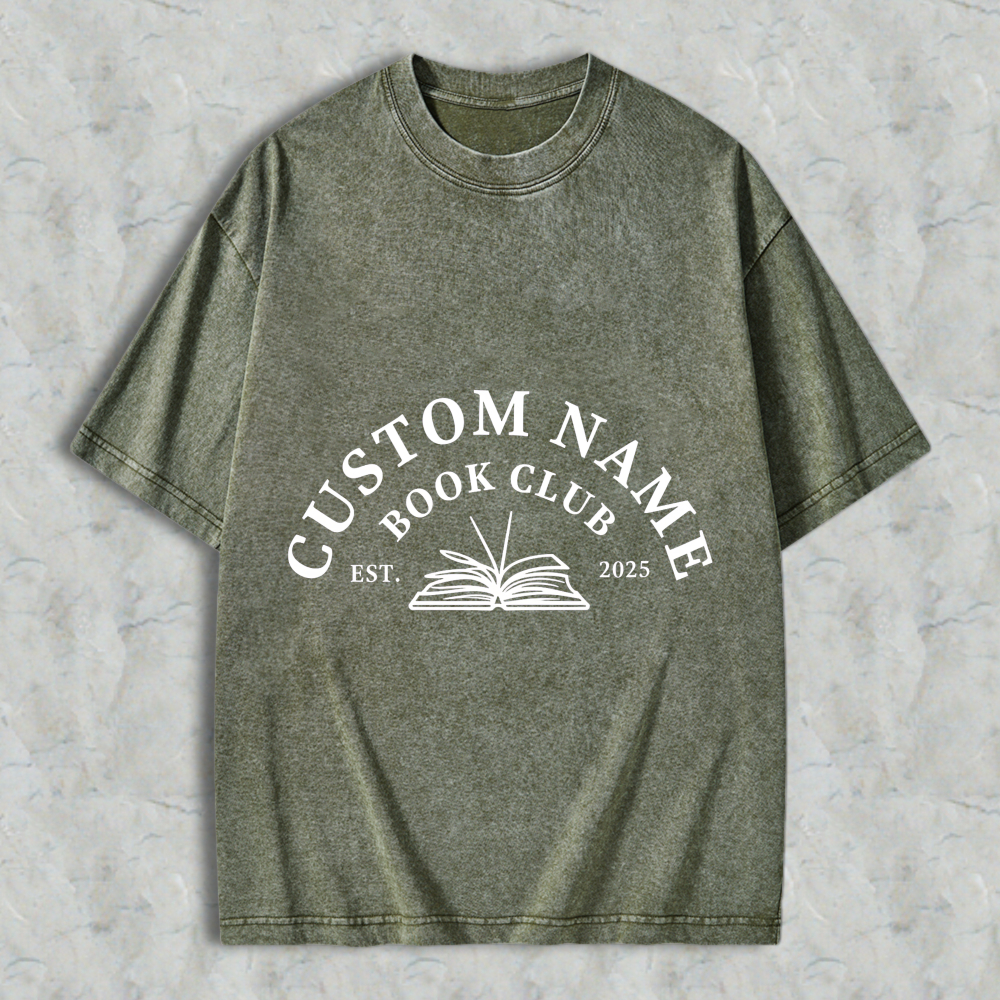 Wardrobecart Custom Name Book Club Est 2025 With Open Book Design Unisex Washed T-shirt