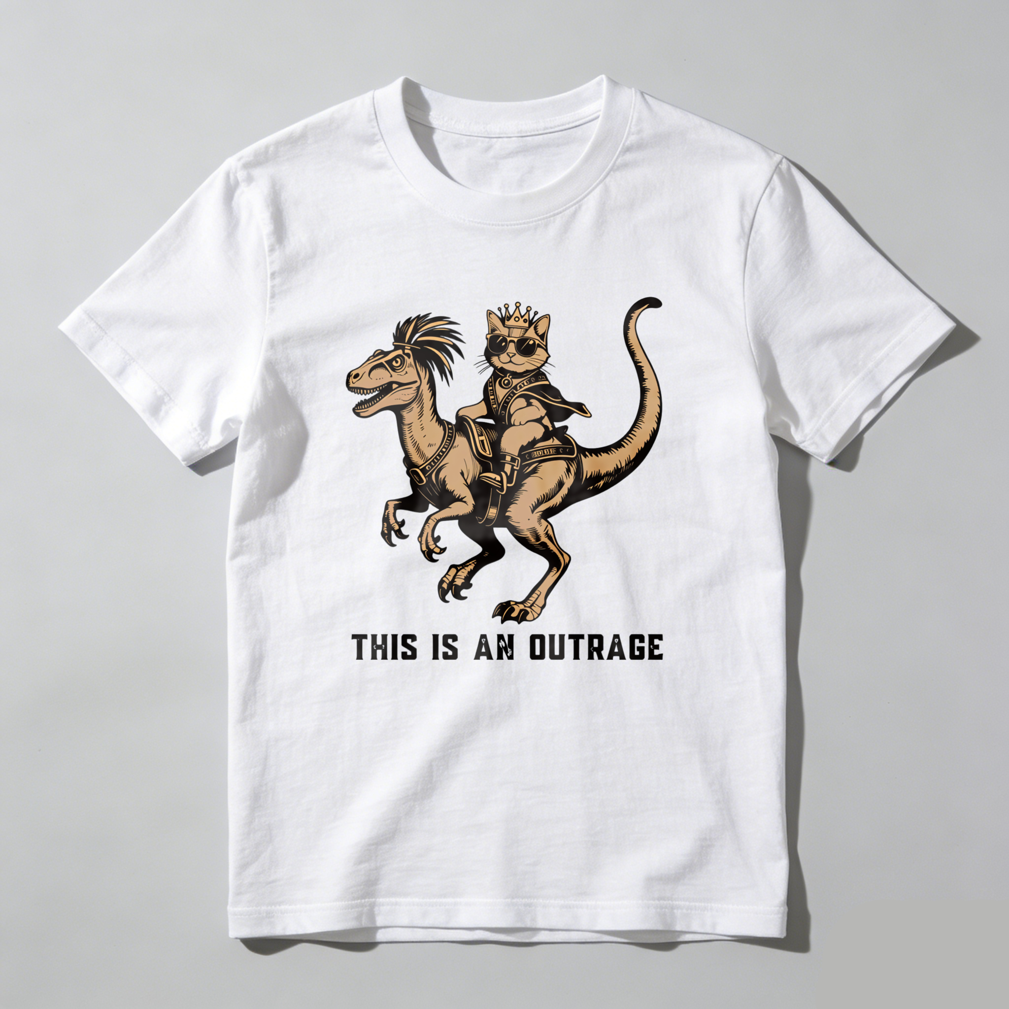 Wardrobecart Cat Riding Dinosaur With Crown And Sword Tshirt
