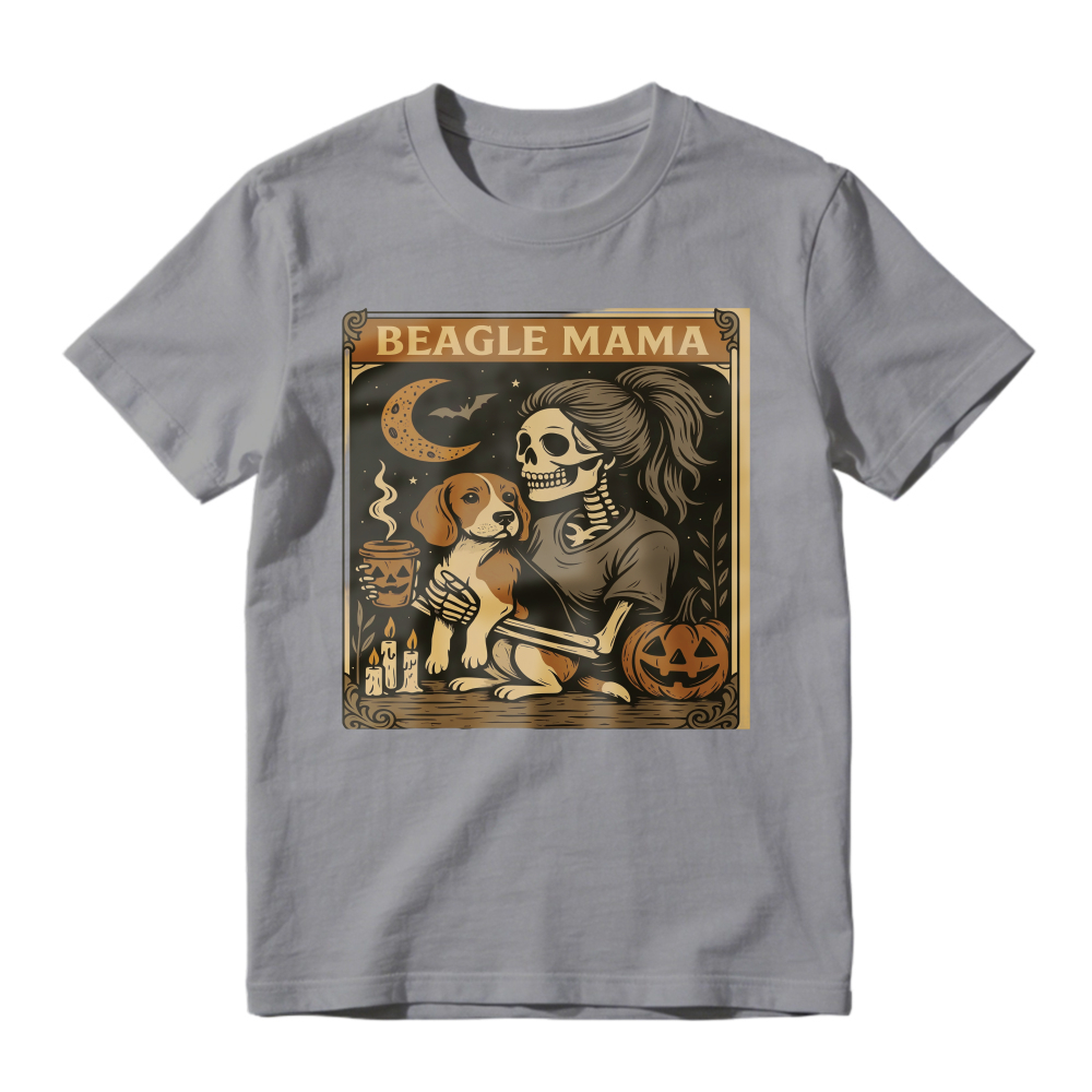 Skeleton Woman Holding Beagle Puppy, Halloween Pumpkin Moon Gothic Art, Beagle Mama, Unisex Classic T-shirt