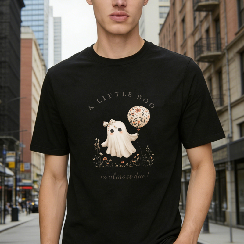 Cute Ghost Holding Floral Balloon A Little Boo Is Almost Due Halloween Pregnancy Announcement Unisex Classic T-shirt