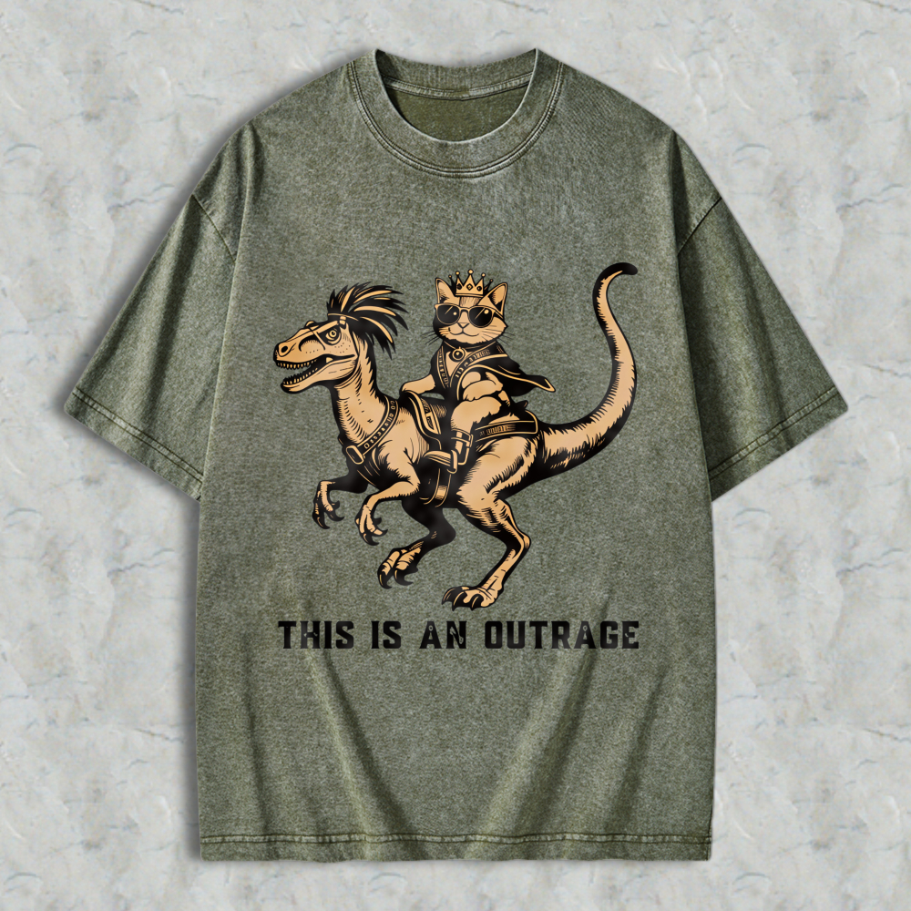 Wardrobecart Cat Riding Dinosaur With Crown And Sunglasses Unisex Washed T-shirt