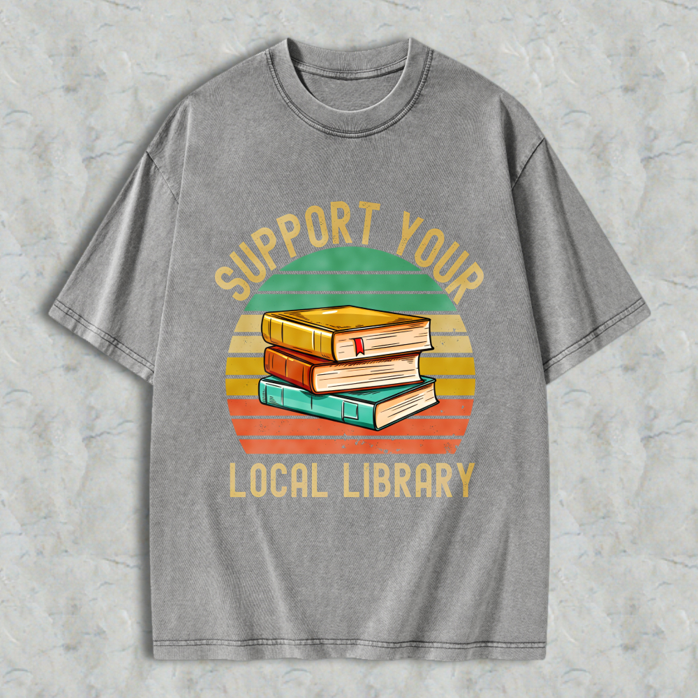 Wardrobecart Support Your Local Library Books Stack Vintage Design Unisex Washed T-shirt