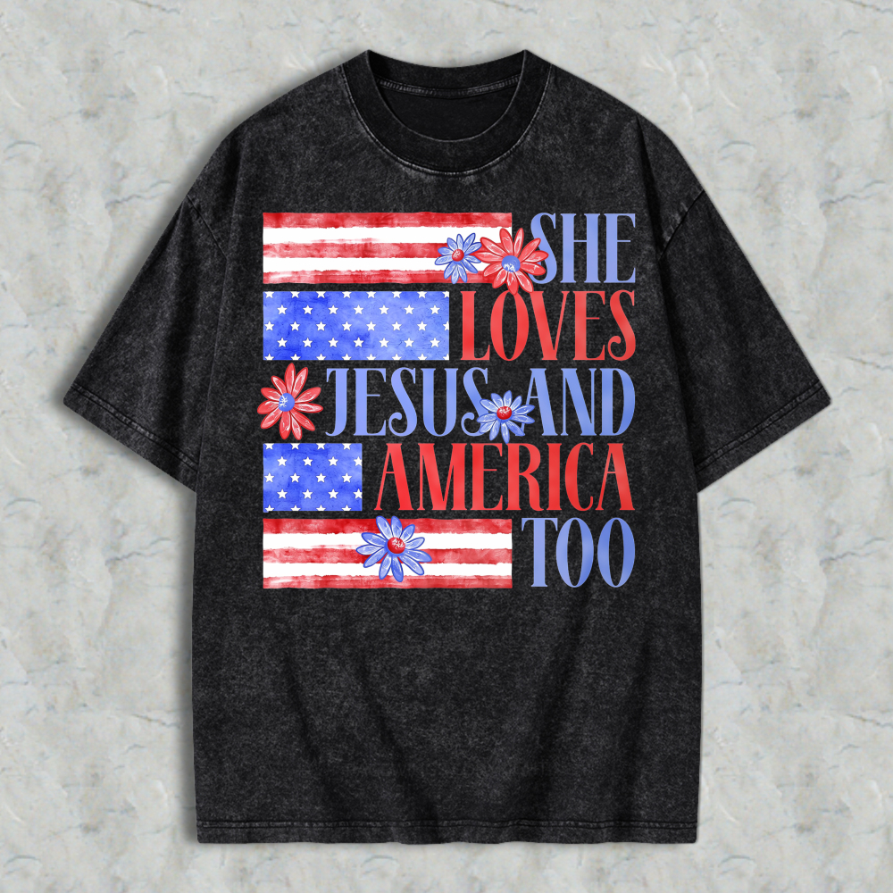 She Loves Jesus And America Too Patriotic Flag Floral Design Washed T-shirt