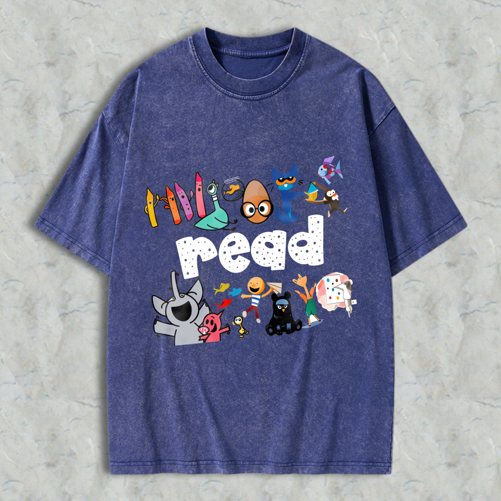 Wardrobecart Cartoon Characters And Crayons Read Unisex Washed T-shirt
