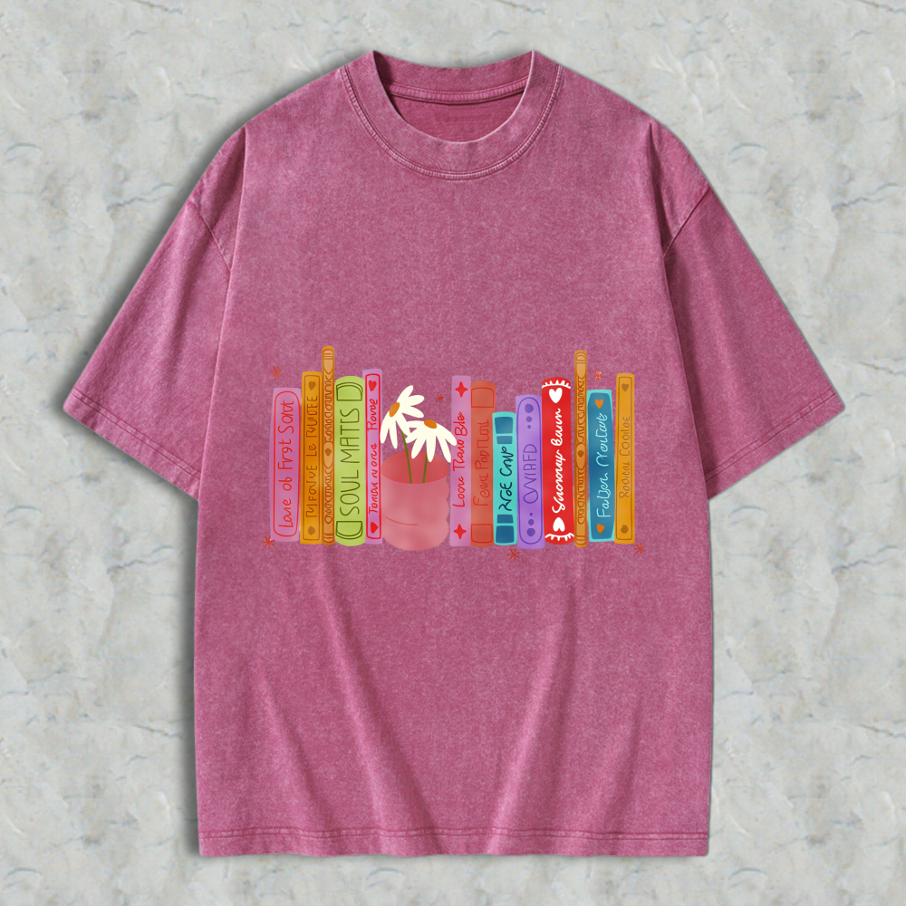 Wardrobecart Colorful Bookshelf With Potted Plant And Book Titles Unisex Washed T-shirt