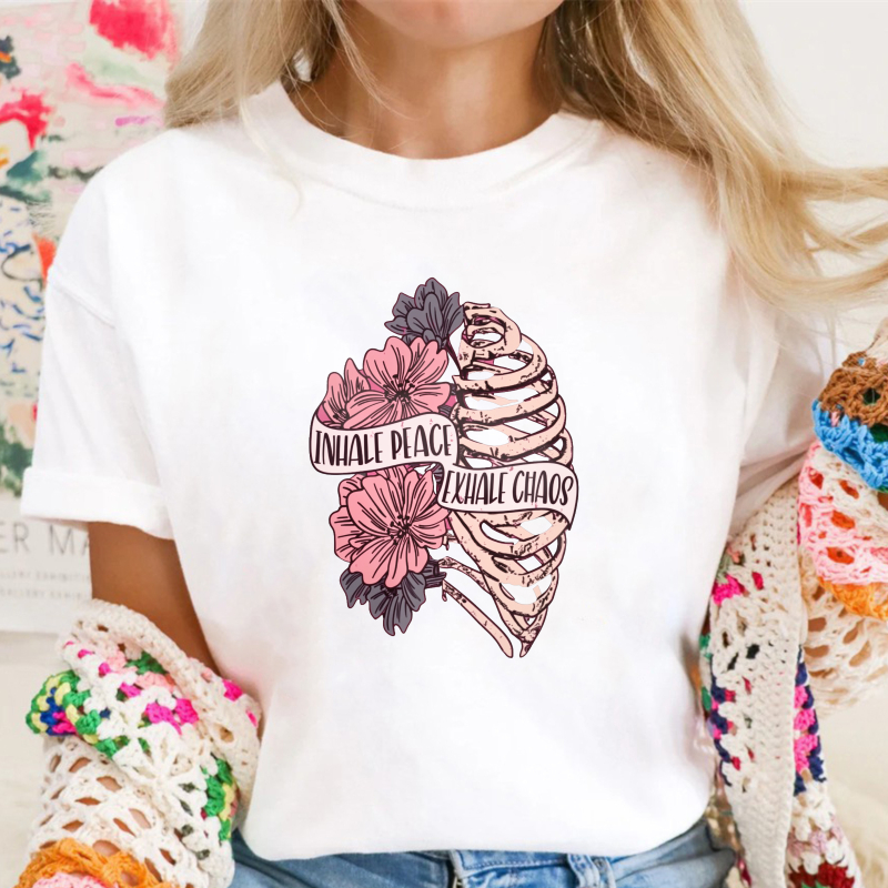 Inhale Peace Exhale Chaos Ribcage And Floral Art, Unisex Classic T-shirt