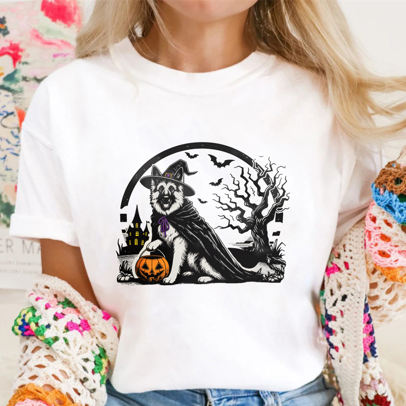 Halloween German Shepherd Witch Hat Pumpkin Bat Haunted House Graphic, Unisex Classic T-shirt