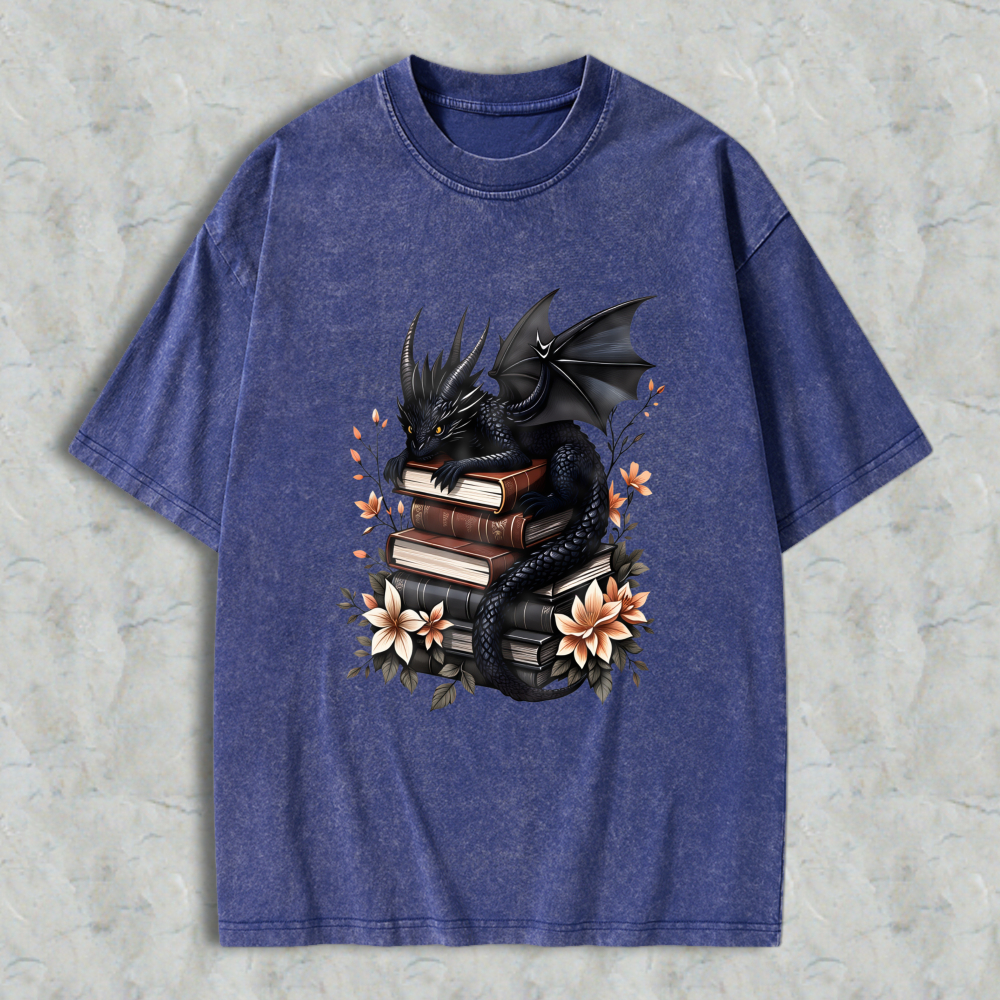 Wardrobecart Dragon With Books And Flowers Unisex Washed T-shirt