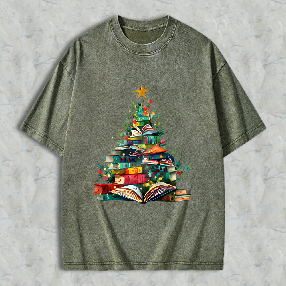 Wardrobecart Book Christmas Tree Design Unisex Washed T-shirt