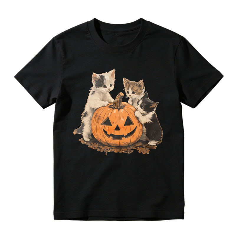 Three Kittens With Carved Halloween Pumpkin, Unisex Classic T-shirt