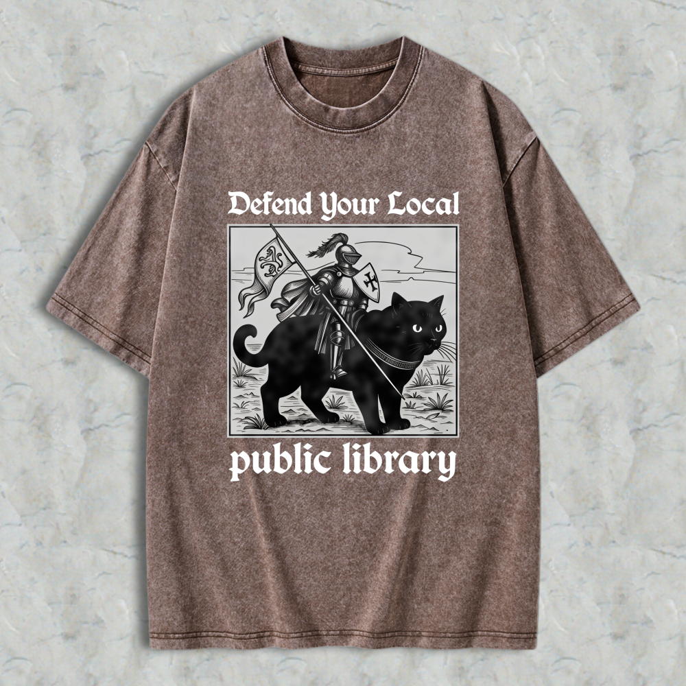 Wardrobecart Knight And Cat Defend Your Local Public Library Unisex Washed T-shirt
