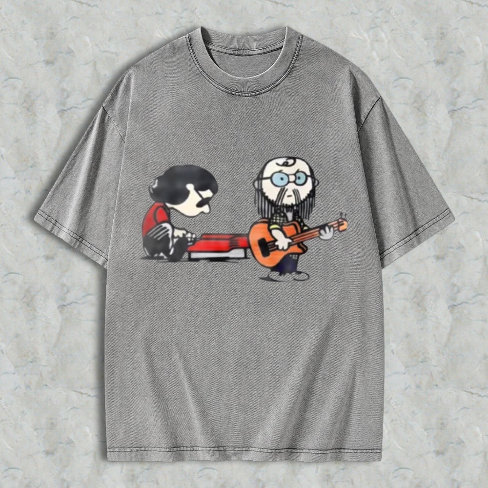 Cartoon Musicians Playing Guitar And Keyboard Graphic Washed T-shirt