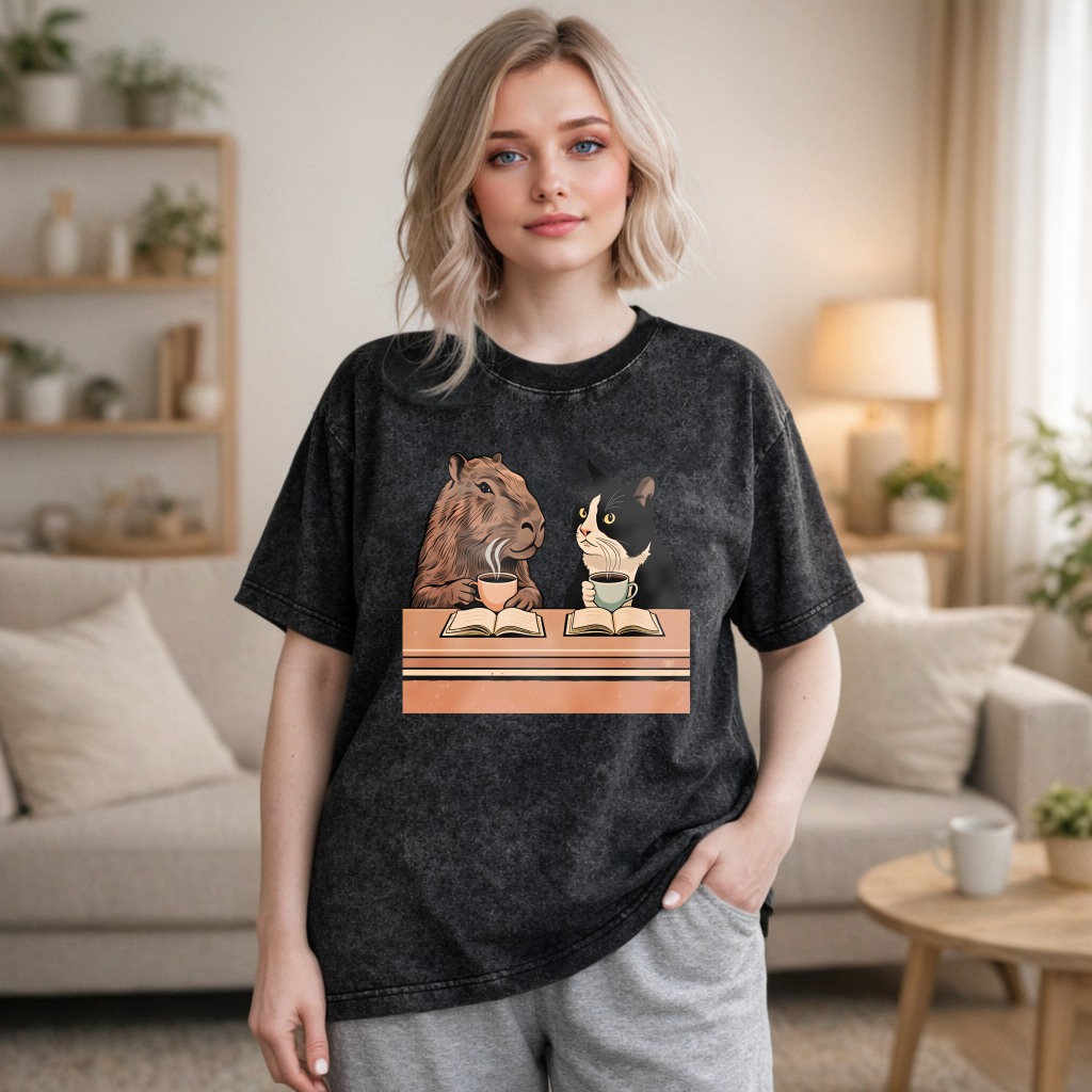 Wardrobecart Capybara And Cat Reading Books With Tea Unisex Washed T-shirt