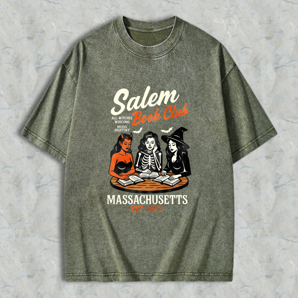 Wardrobecart Salem Book Club Witch Reading Books Massachusetts Est 1692 Unisex Washed T-shirt