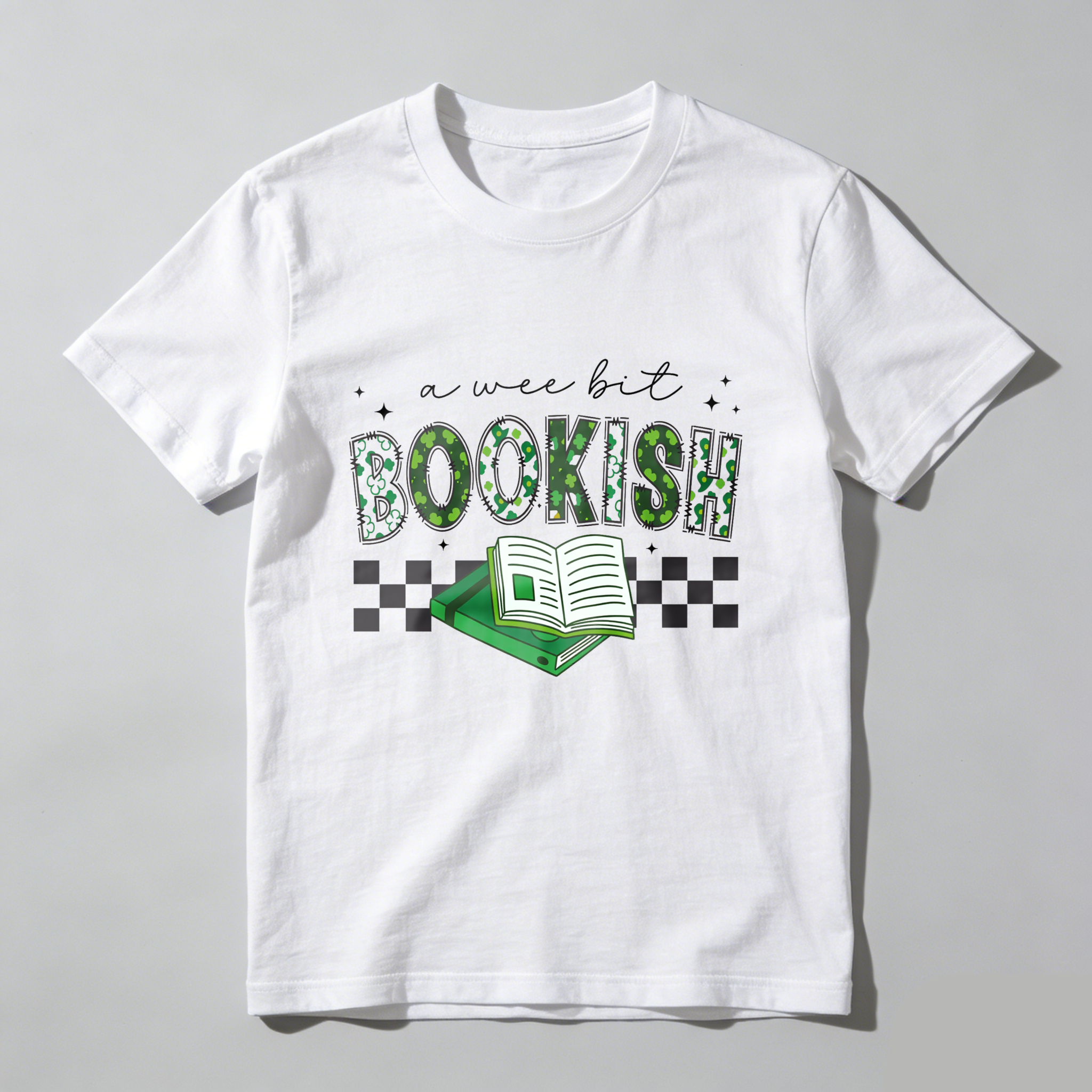 WardrobecartA Wee Bit Bookish With Open Book And Checkered Pattern tshirt
