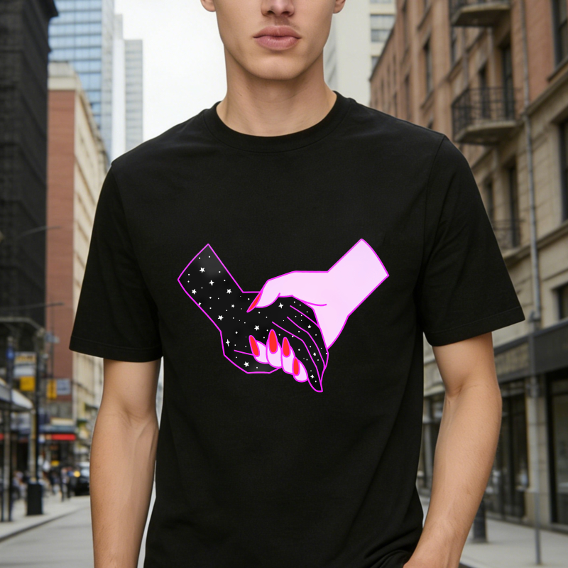 Starry Night Hands Holding Pink Nails Art, Unisex Classic T-shirt