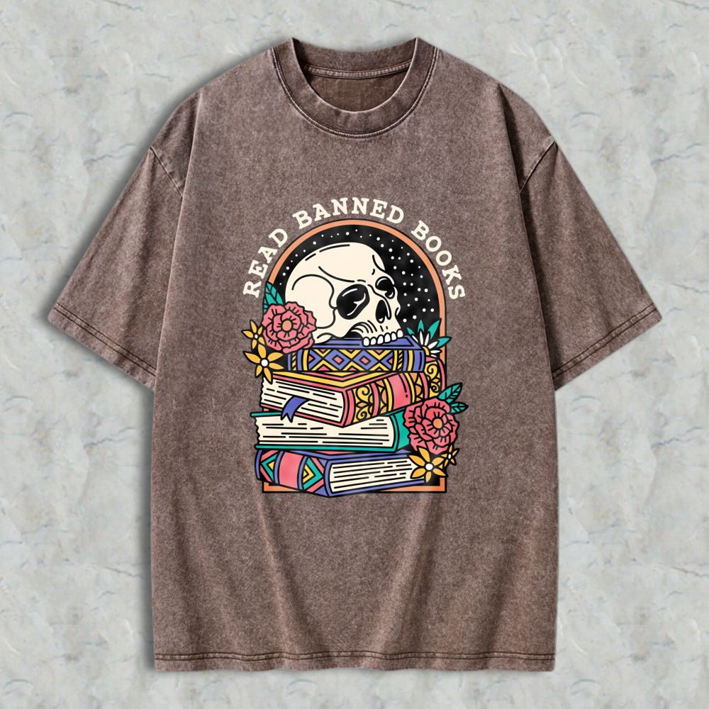 Wardrobecart Skull And Books With Flowers Read Banned Books Unisex Washed T-shirt