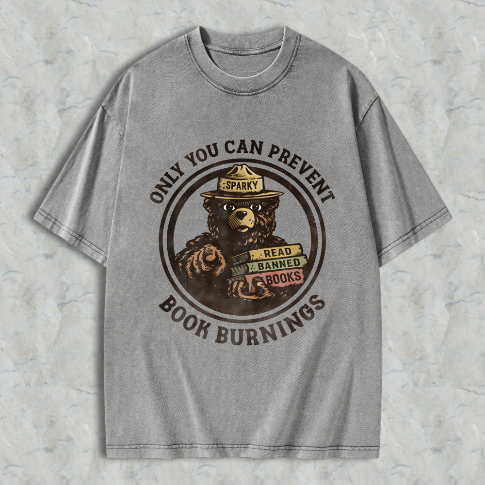 Wardrobecart Bear Reading Banned Books Sparky Ranger Hat Only You Can Prevent Book Burning Unisex Washed T-shirt