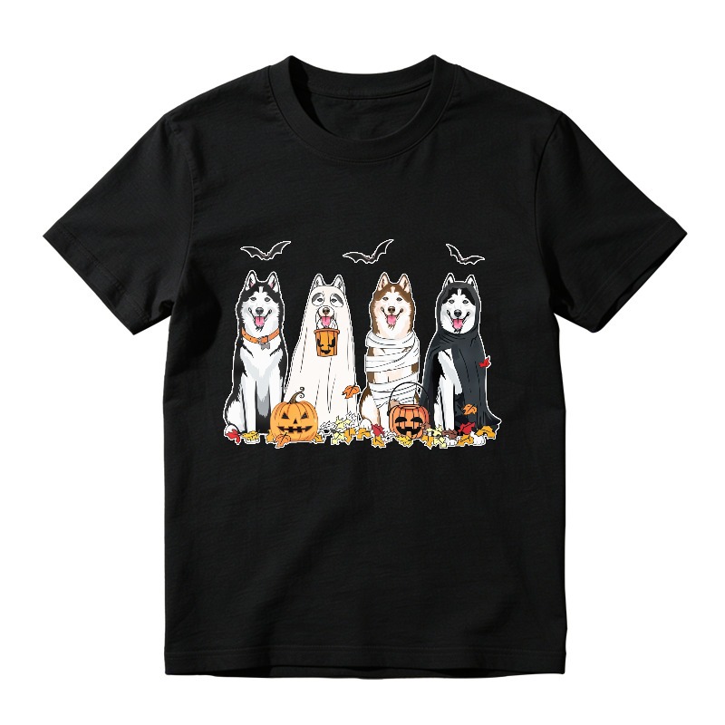 Halloween Husky Dogs In Costumes With Pumpkins And Bats, Unisex Classic T-shirt