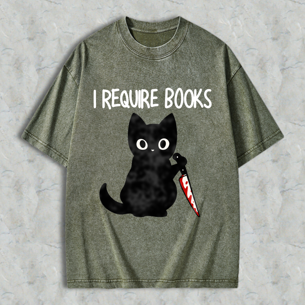 Wardrobecart Cat With Knife And Books Text Unisex Washed T-shirt