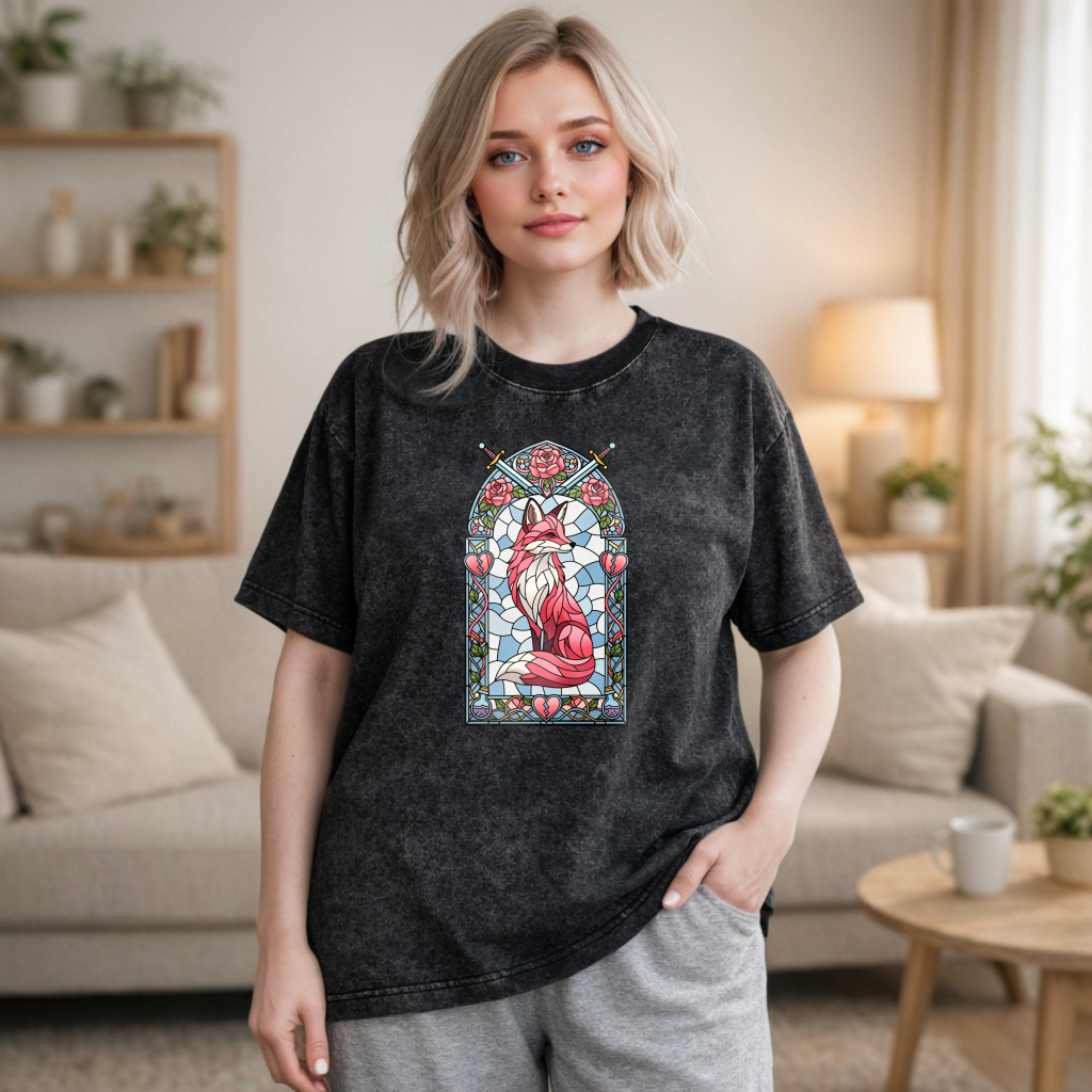 Wardrobecart Stained Glass Fox With Roses And Swords Unisex Washed T-shirt