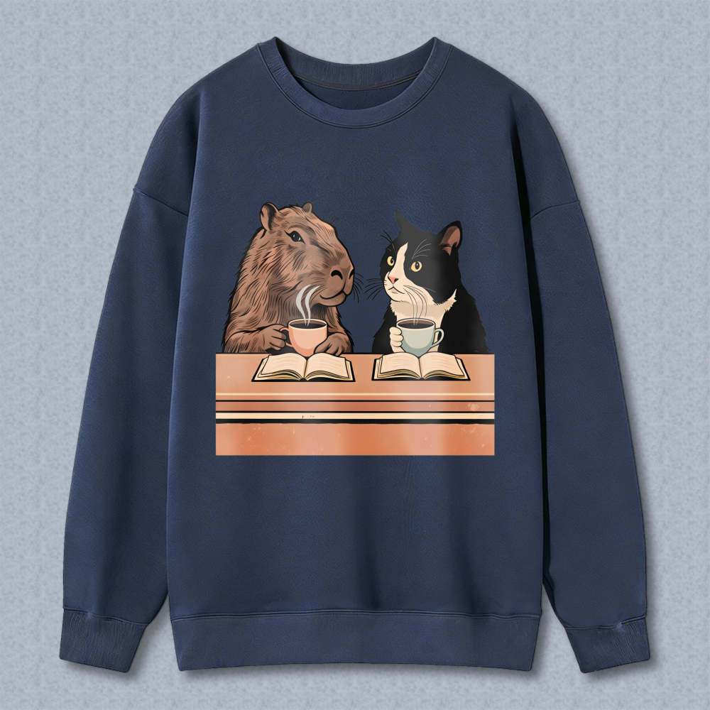 Wardrobecart Capybara And Cat Reading Books With Tea Unisex Classic Sweatshirt
