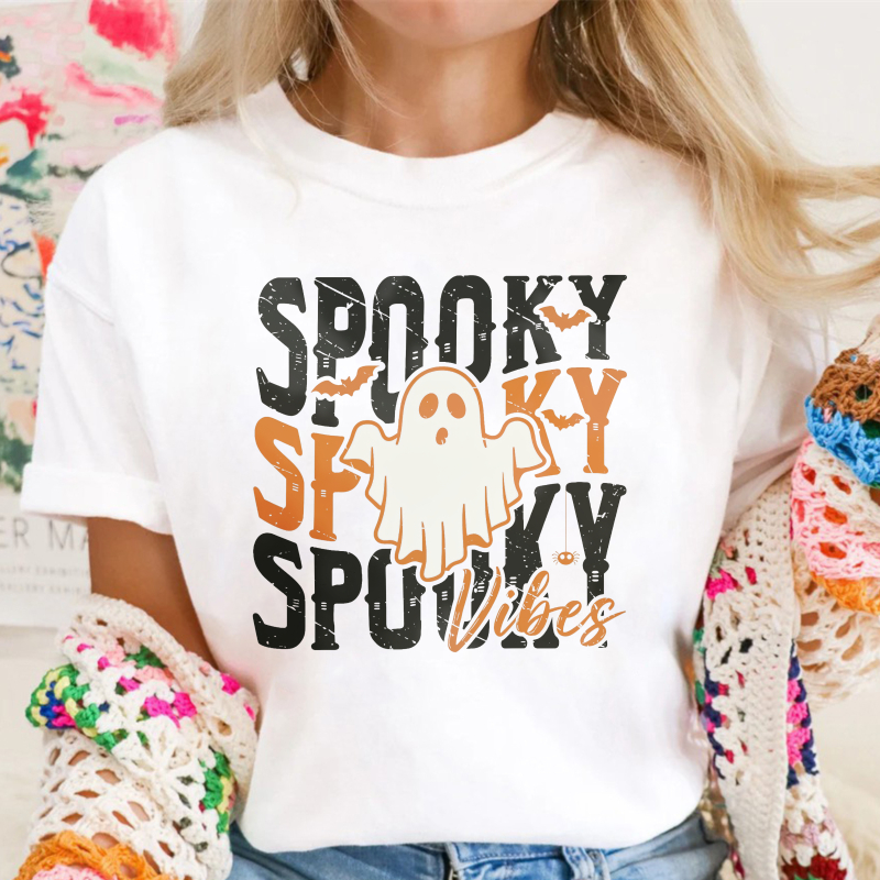 Spooky Vibes Ghost And Bat Halloween Graphic, Unisex Classic T-shirt