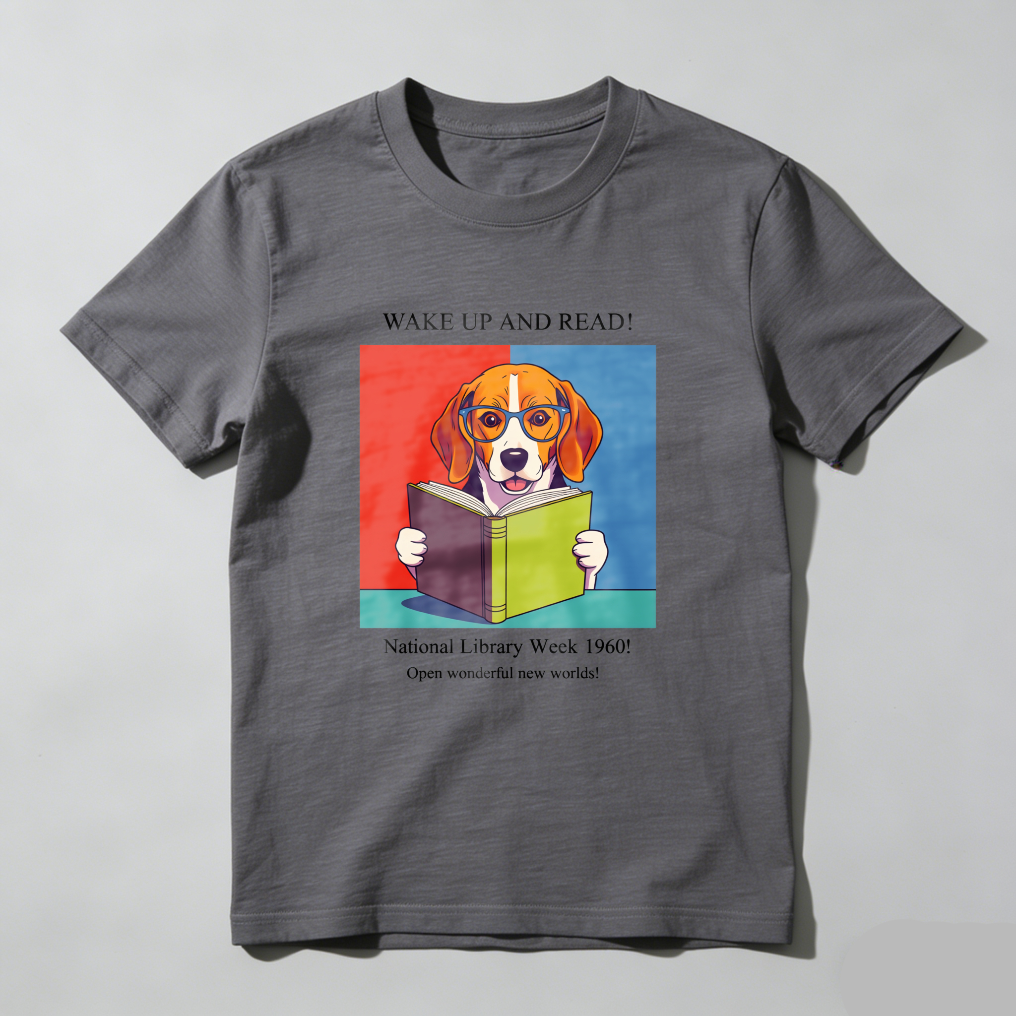 Wardrobecart Wake Up And Read Dog With Book Tshirt 100% cotton