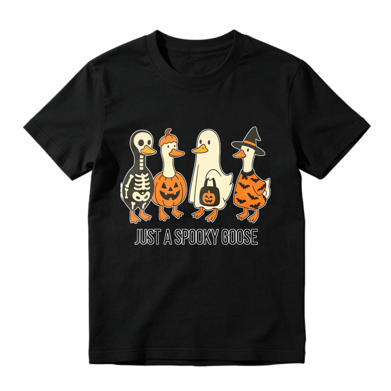 Halloween Four Geese In Skeleton Pumpkin Witch Costumes With Just A Spooky Goose Text, Unisex Classic T-shirt