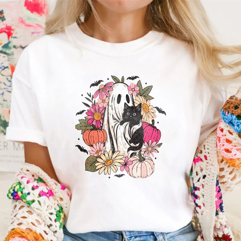 Cute Ghost And Black Cat With Autumn Flowers And Pumpkins Halloween Design, Unisex Classic T-shirt