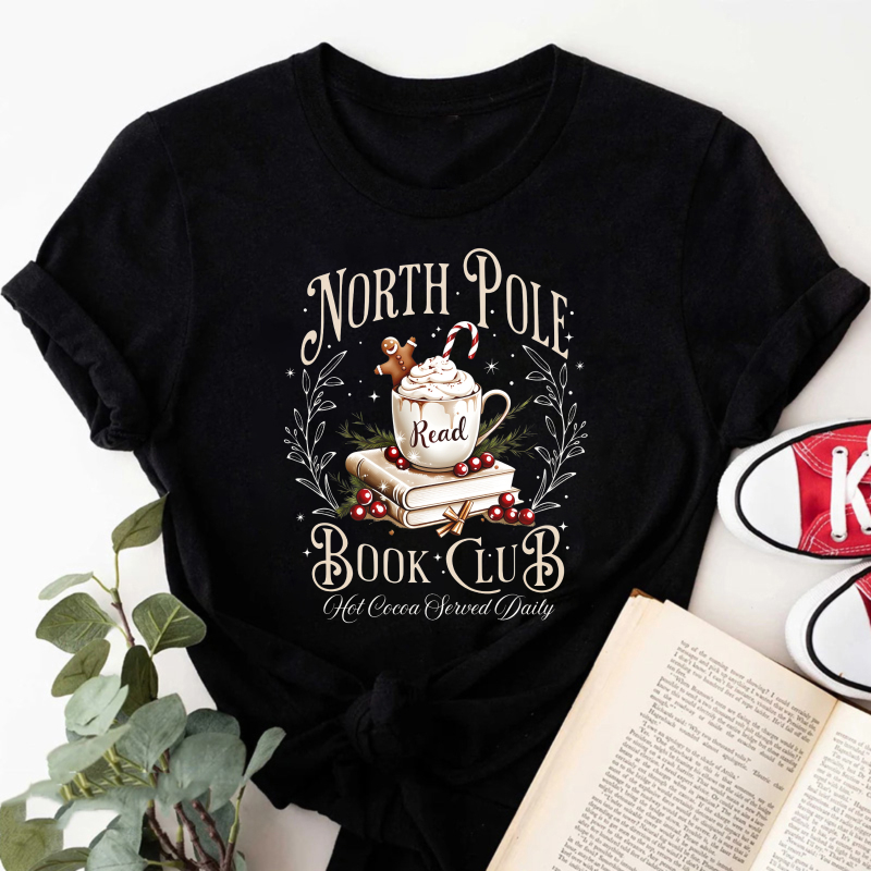 Wardrobecart North Pole Book Club Hot Cocoa Served Daily Tshirt