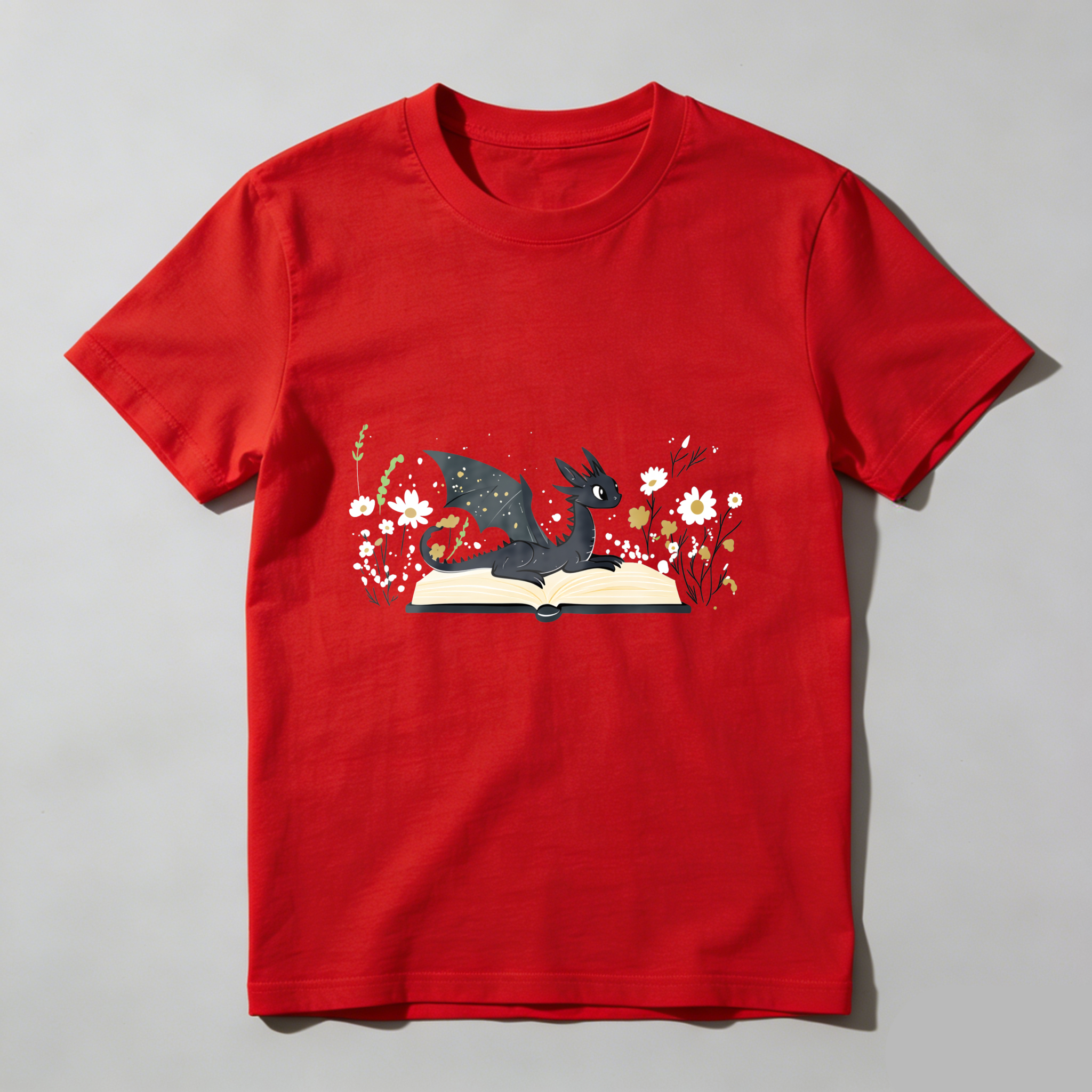 Wardrobecart Dragon Reading Book With Flowers Tshirt