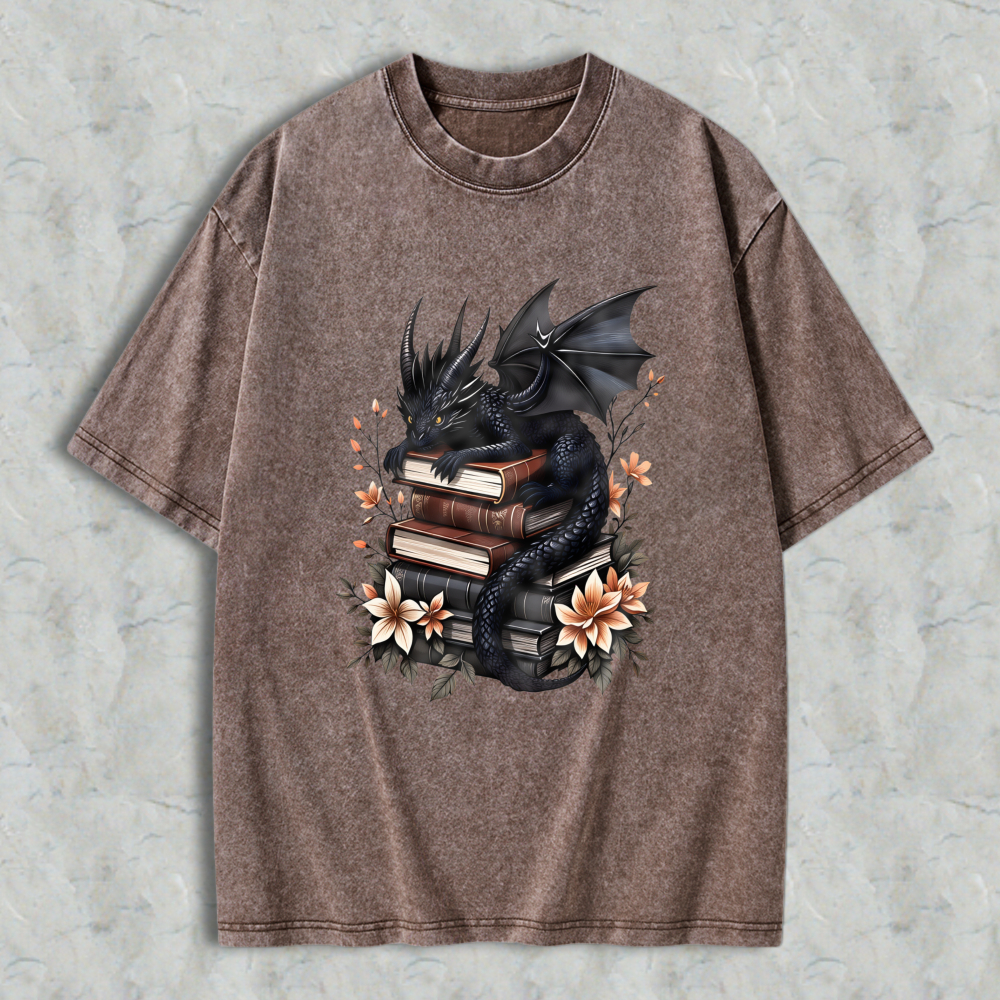 Wardrobecart Dragon With Books And Flowers Unisex Washed T-shirt