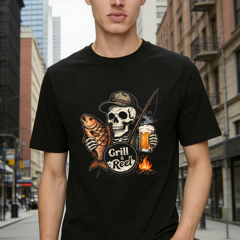 Skull Holding Fish And Beer With Fishing Rod And Fire Grill Reel Graphic Unisex Classic T-shirt