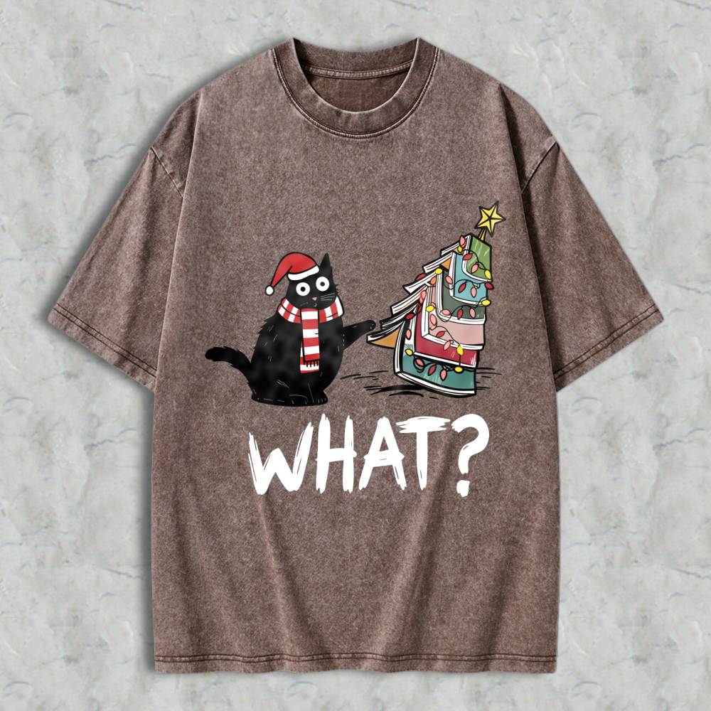Wardrobecart Cartoon Cat Wearing Santa Hat And Scarf Standing Next To A Christmas Tree With A Star On Top What Question Mark Unisex Washed T-shirt