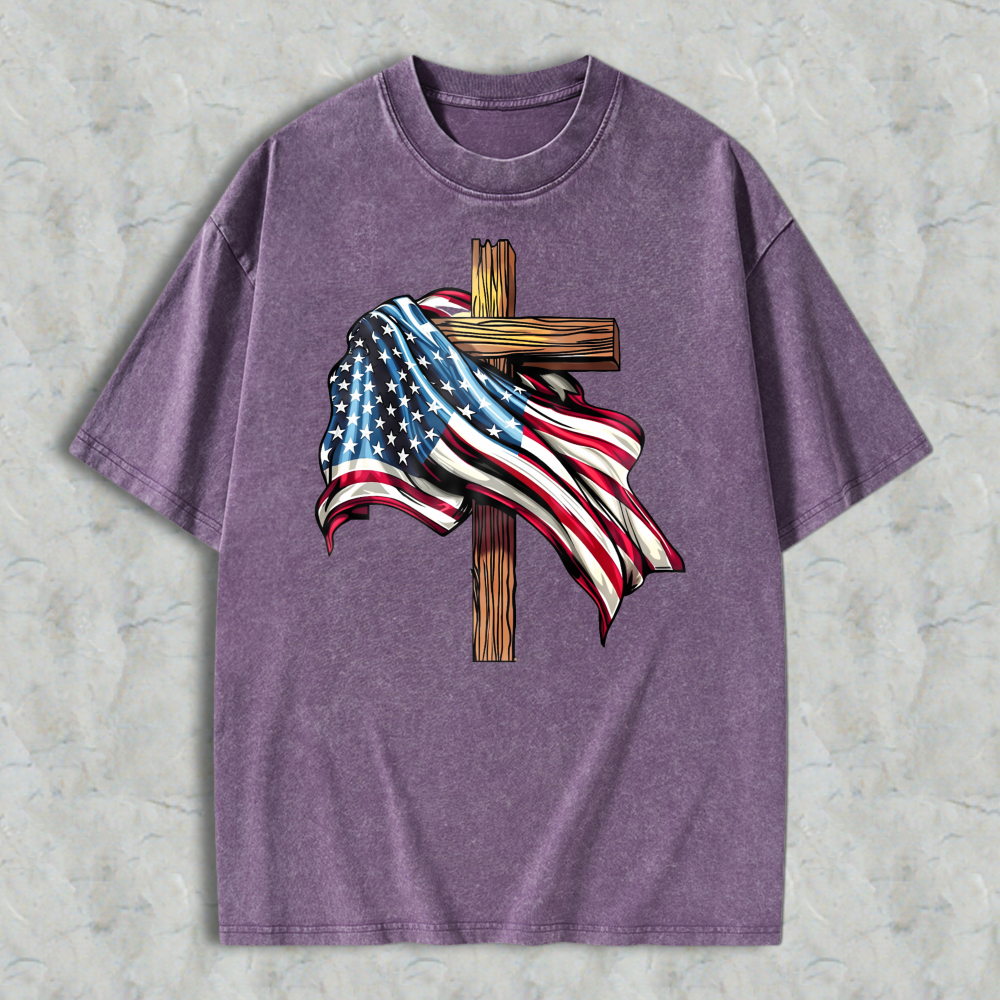 American Flag And Cross Design Washed T-shirt