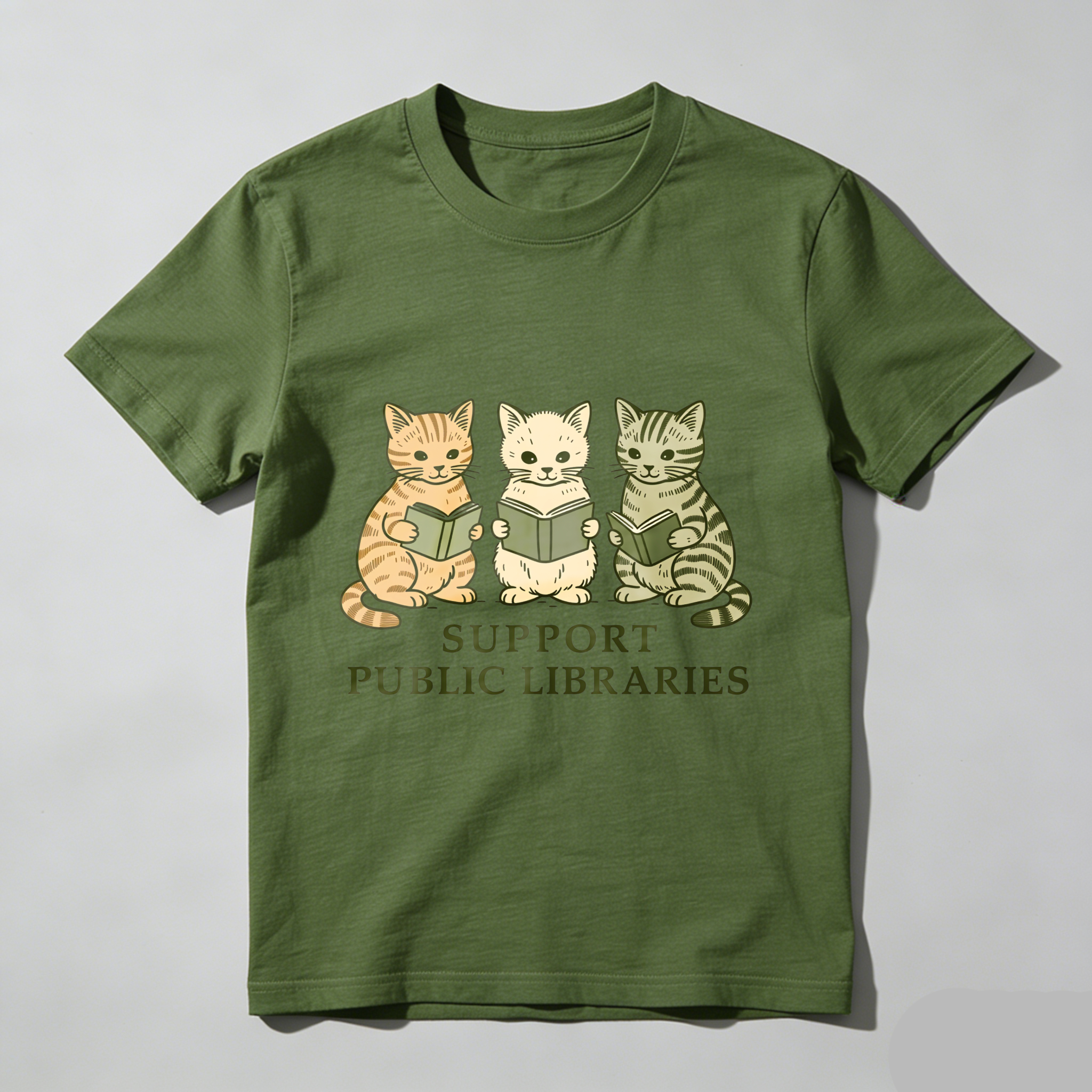 Wardrobecart Three Cats Reading Books Support Public Libraries Tshirt