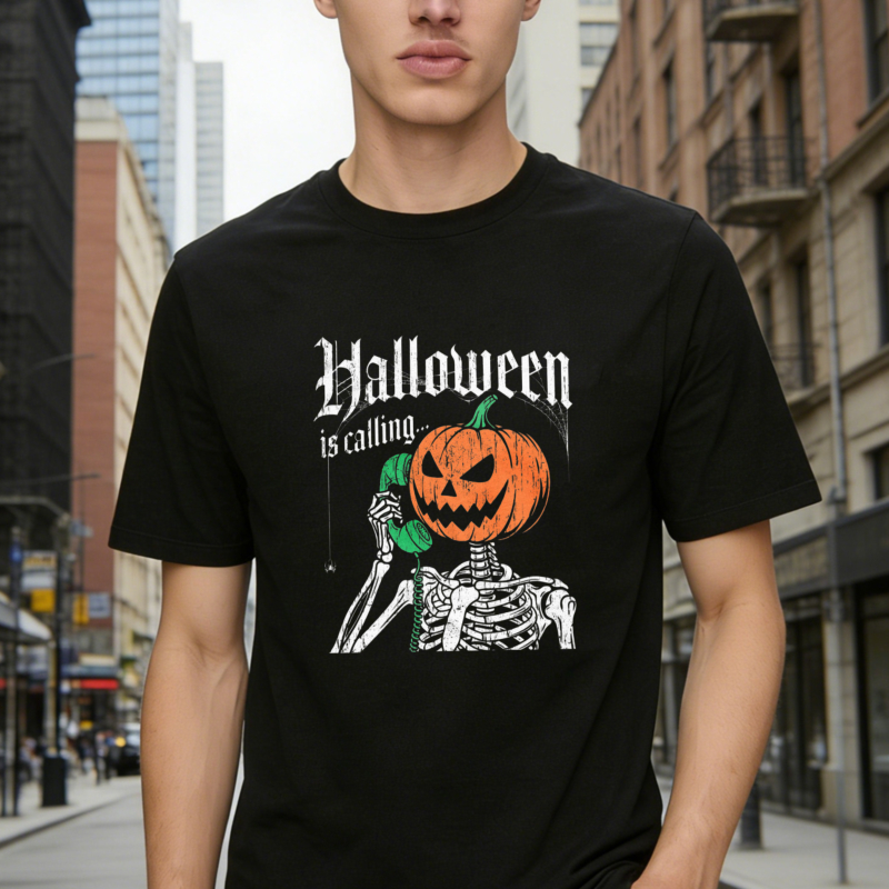 Halloween Is Calling Skeleton Holding Pumpkin Graphic T-shirt