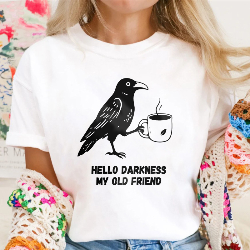 Crow Holding Coffee Cup, Hello Darkness My Old Friend Quote, Unisex Classic T-shirt