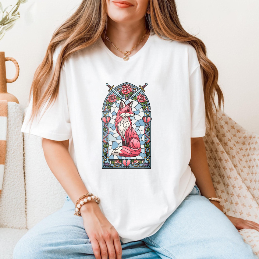 Wardrobecart Stained Glass Fox With Roses And Heart Tshirt