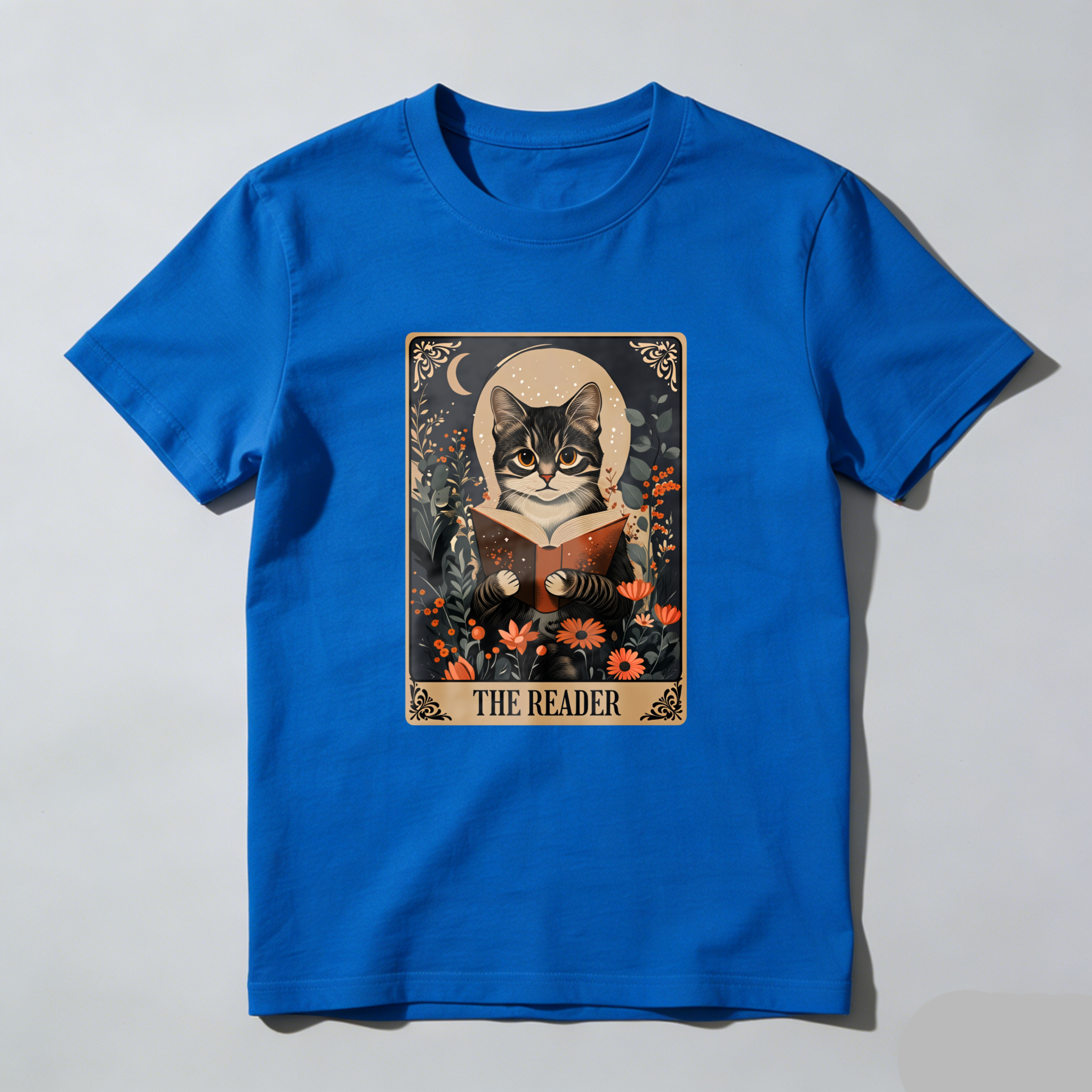 Wardrobecart Cat Reading Book Floral Moon Design Tshirt