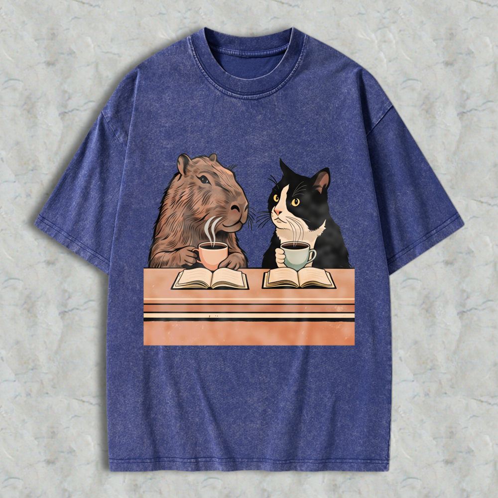 Wardrobecart Capybara And Cat Reading Books With Tea Unisex Washed T-shirt