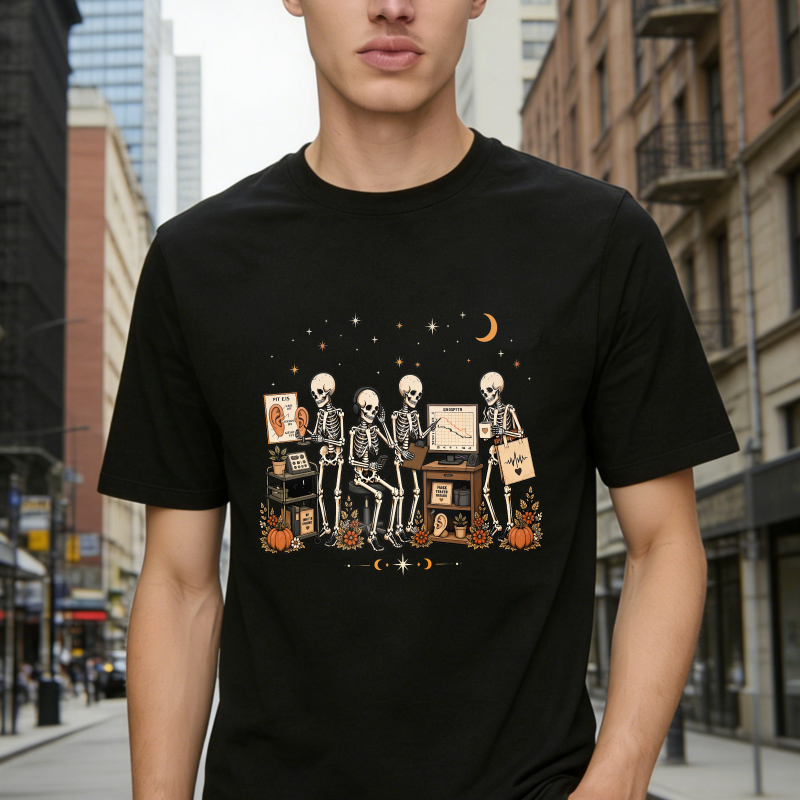 Skeletons Working At Desk With Computers And Pumpkins Under Moon And Stars Unisex Classic T-shirt
