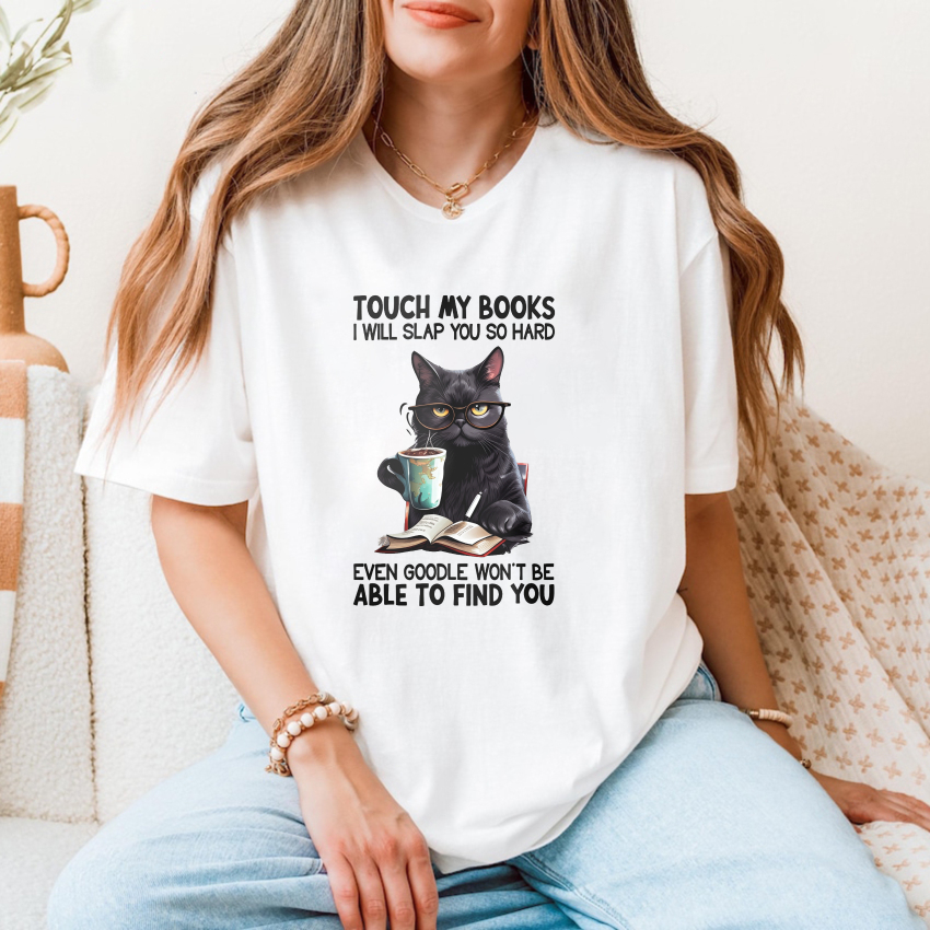 Wardrobecart Cat With Books And Coffee Cup Tshirt