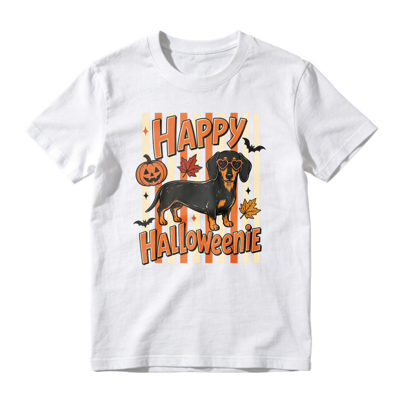 Happy Halloweenie Dachshund Dog Pumpkin Bat Autumn Leaves, Unisex Classic T-shirt