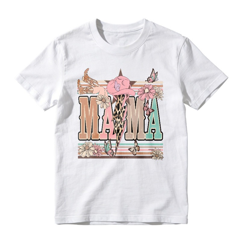 Mama Text With Pink Cowboy Hat, Leopard Print, Flowers And Butterflies, Retro Striped Background, Unisex Classic T-shirt