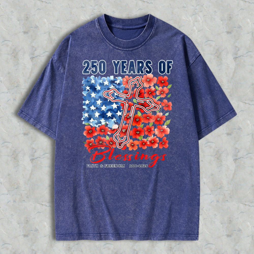 250 Years Of Blessings American Flag Cross And Flowers Washed T-shirt