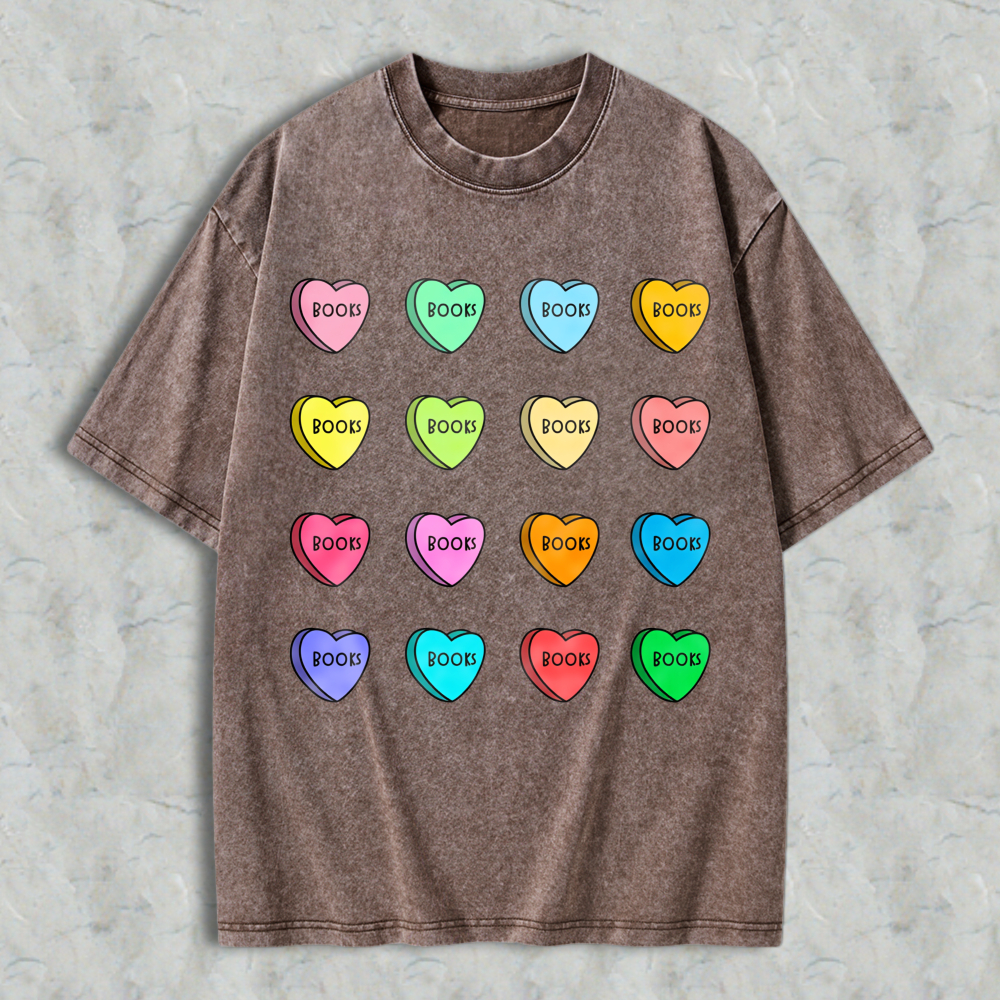 Wardrobecart Colorful Heart Candy Pattern With Book Text Unisex Washed T-shirt