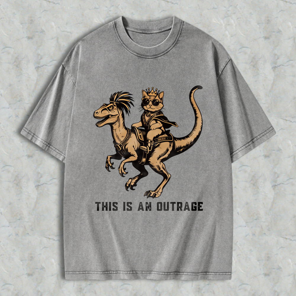 Wardrobecart Cat King Riding Dinosaur With Crown And Sunglasses Unisex Washed T-shirt