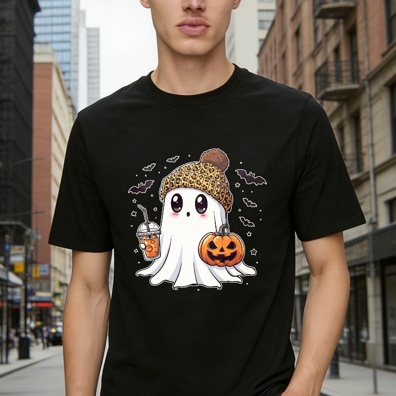 Cute Ghost Wearing Leopard Beanie Holding Pumpkin And Drink Unisex Classic T-shirt